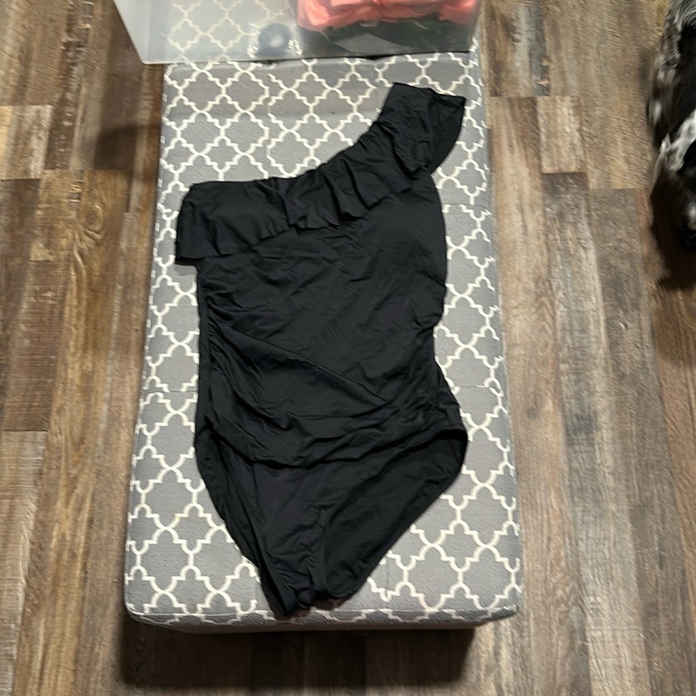 Black one shoulder one piece with ruffles